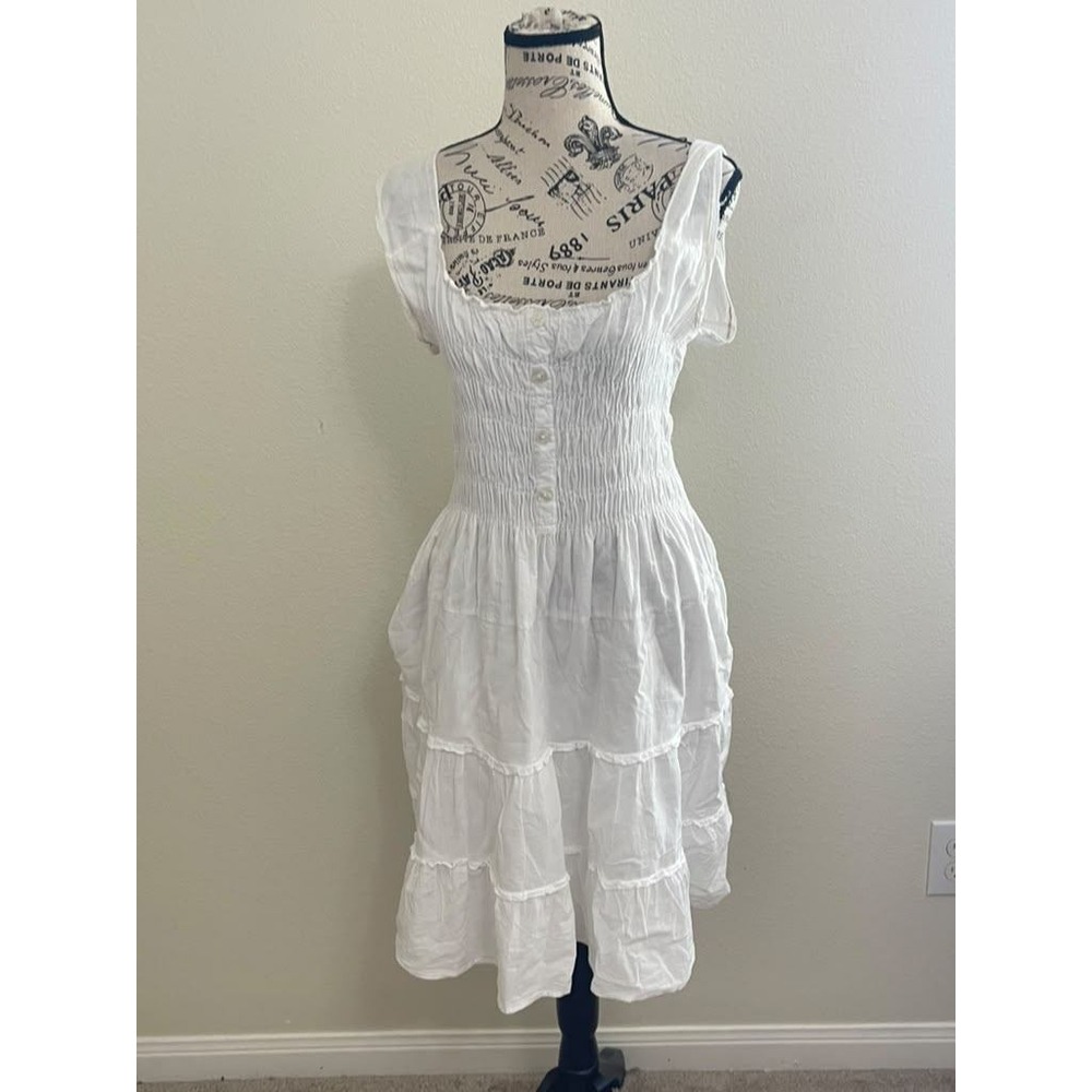 Speed Control White Cotton Smocked Tiered Cottagecore Dress L milkmaid Prairie